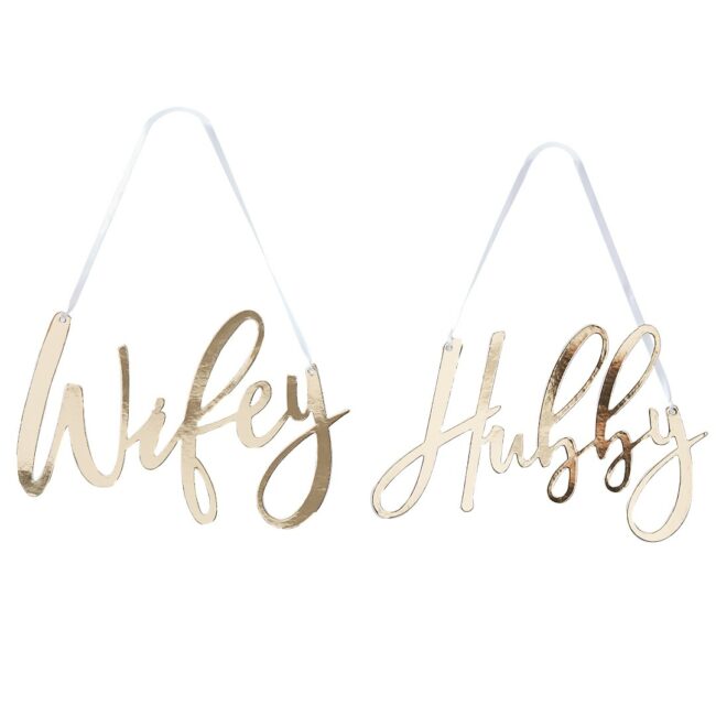WIFEY & HUBBY GOLD WEDDING CHAIR SIGNS