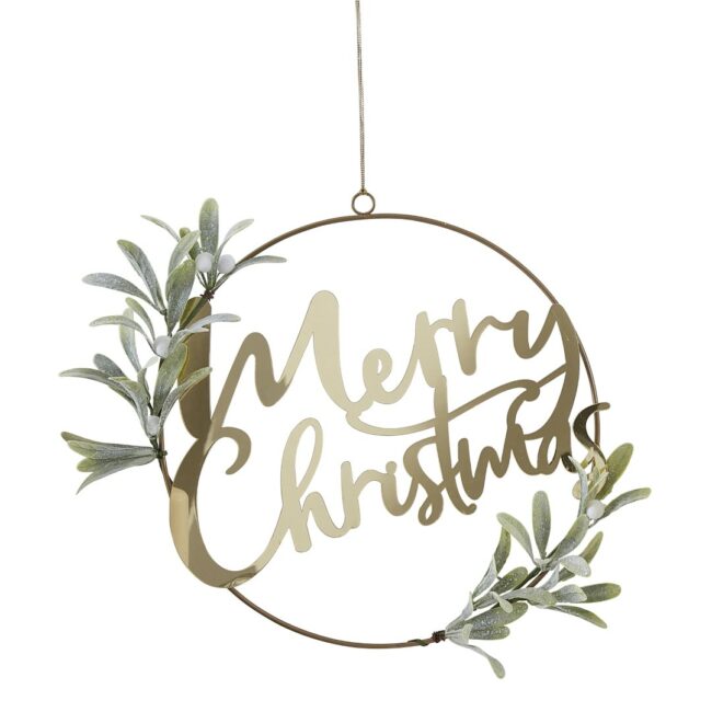 GOLD MERRY CHRISTMAS DOOR WREATH WITH FOLIAGE