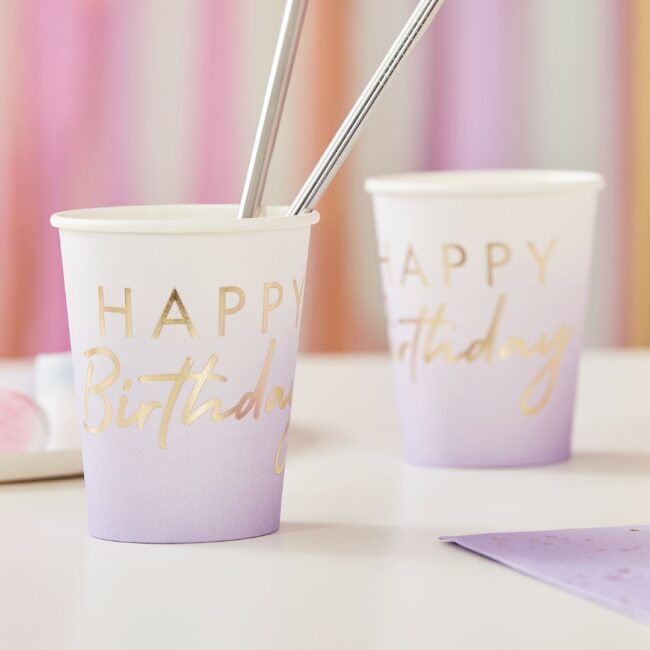 LILAC OMBRE GOLD FOILED HAPPY BIRTHDAY CUPS - 8PCS - Image 3