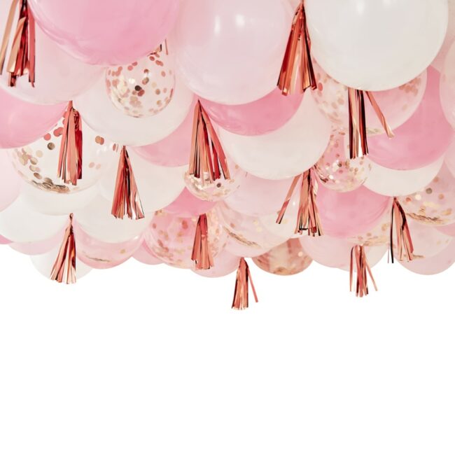BLUSH WHITE AND ROSE GOLD CEILING BALLOONS WITH TASSELS