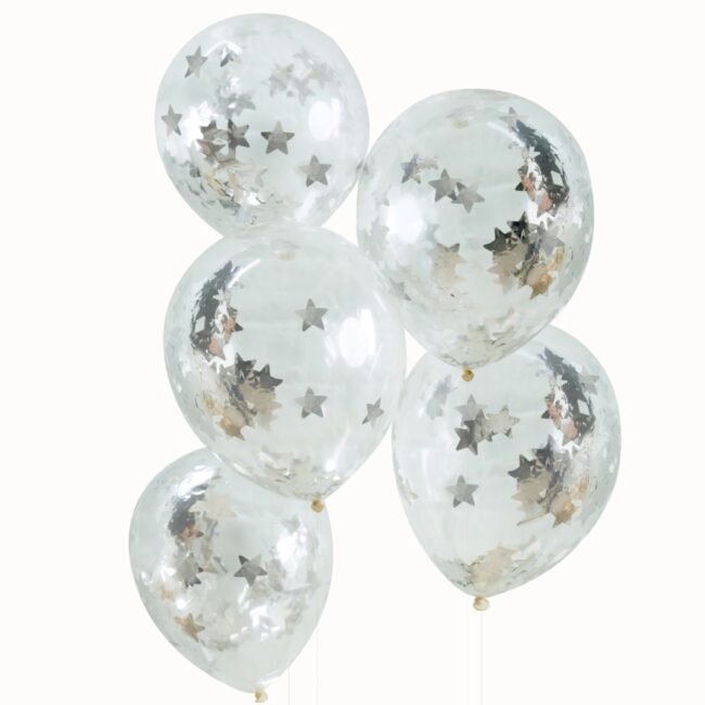 SILVER STAR SHAPED CONFETTI BALLOONS - 5PCS