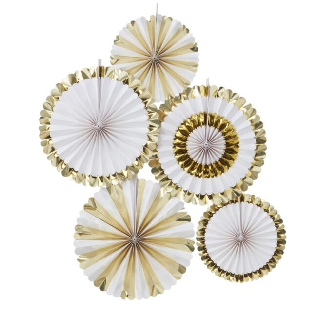 GOLD FOILED PAPER FAN DECORATIONS - 5PCS
