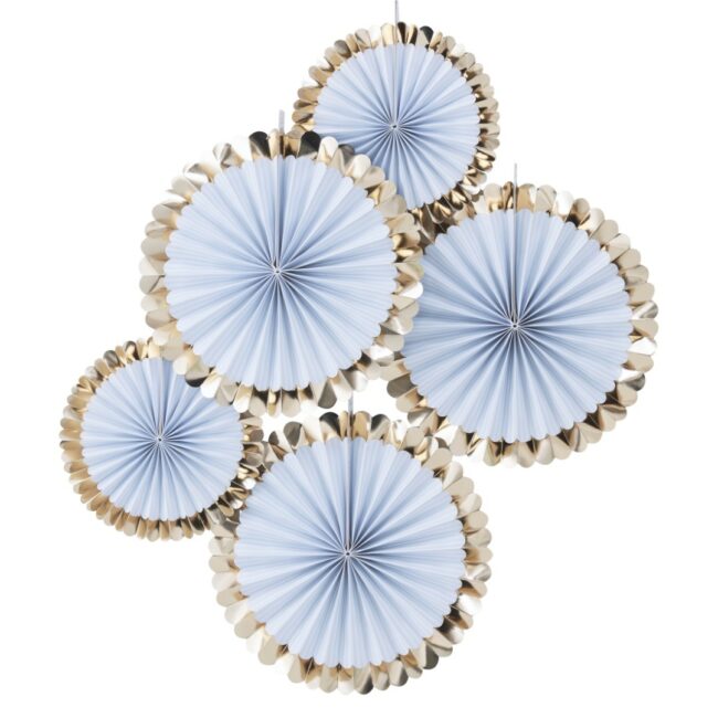 PAPER FANS GOLD FOILED BLUE 5PCS