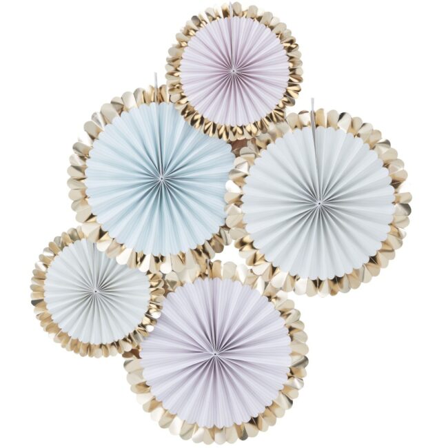 GOLD FOILED PASTEL PAPER FAN DECORATIONS - 5PCS