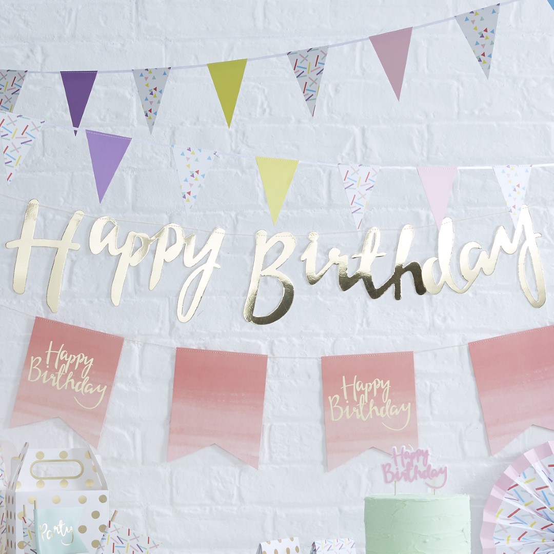 Pastel Blue and Gold Foiled Happy Birthday Bunting Banner