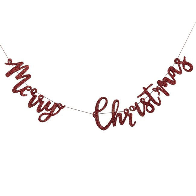 RED GLITTER MERRY CHRISTMAS WOODEN BUNTING DECORATION