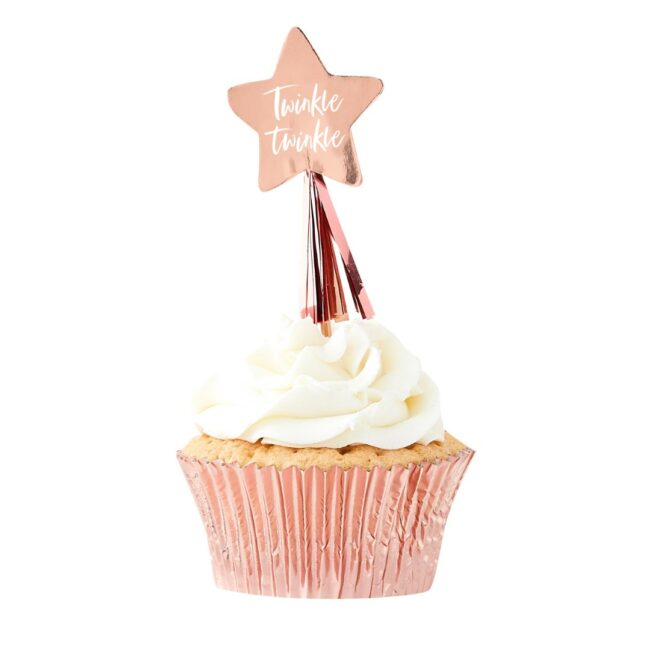 ROSE GOLD STAR CUPCAKE TOPPERS 4X12CM 12PCS