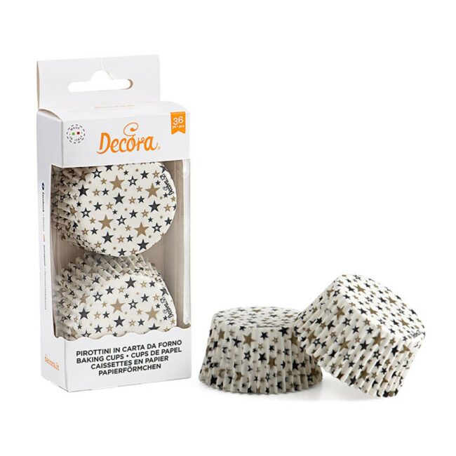 BLACK & GOLD STARS BAKING CUPS 50X32MM 36PCS