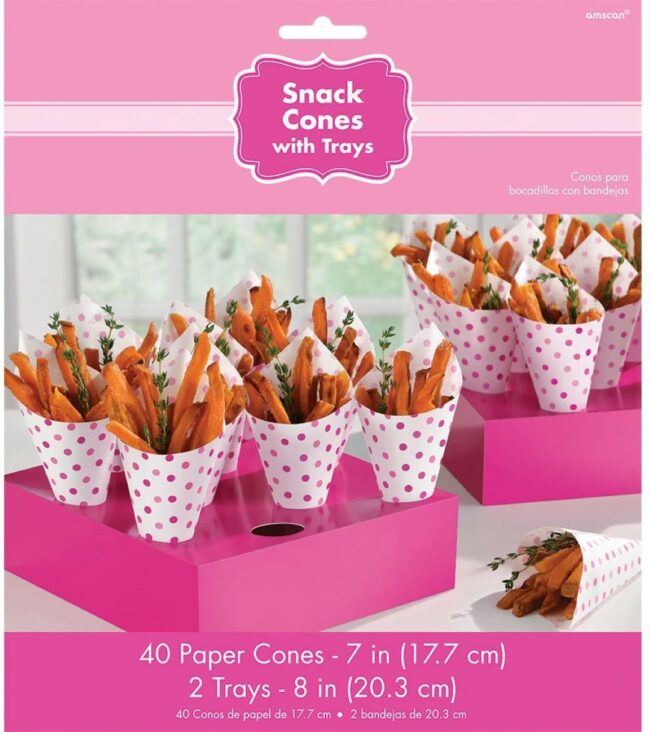 MINI SNACK PAPER CONES WITH TRAY PINK 40PCS