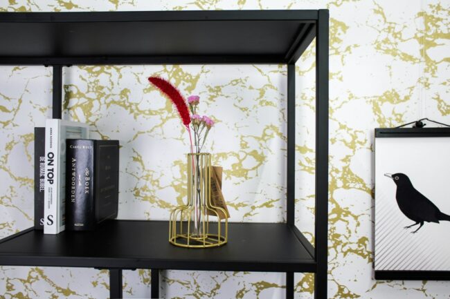 METAL VASE WITH GLASS BOTTLE OFF GOLD