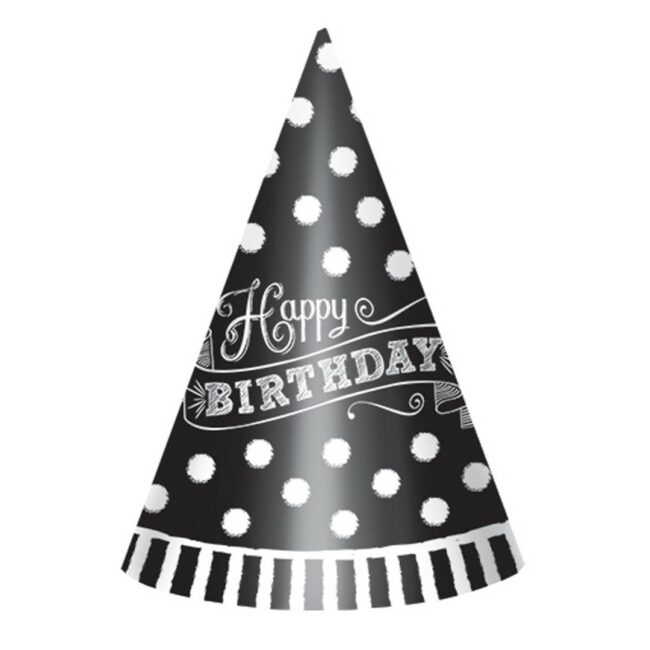 PARTY CONE BIRTHDAY HATS BLACK/WHITE 17.7CM - 12PCS