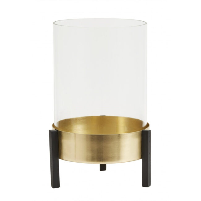 IRON & GLASS HURRICANE WITH GOLDEN BASE 0.70KG 14X22CM