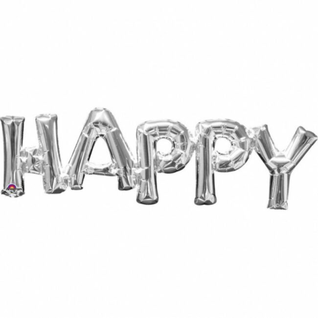 SUPER SHAPE PHRASE "HAPPY" SILVER FOIL BALLOON P35 - 76X25CM