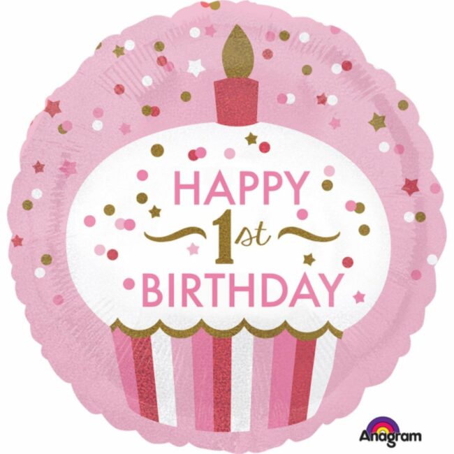 STANDARD 1ST B-DAY CUPCAKE GIRL FOIL BALLOON ROUND HOLOGRAPHIC S55 - 43CM