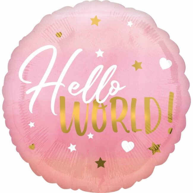 BABY GIRL FOIL BALLOON 'HELLO WORLD' PINK