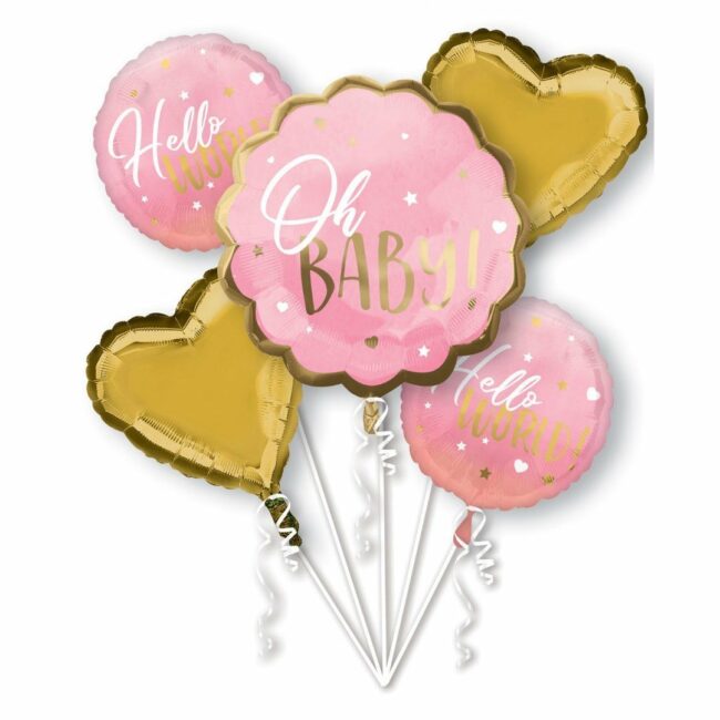BOUQUET FOIL BALLOONS BABY GIRL 'HELLO WORLD/OH BABY' PINK/GOLD