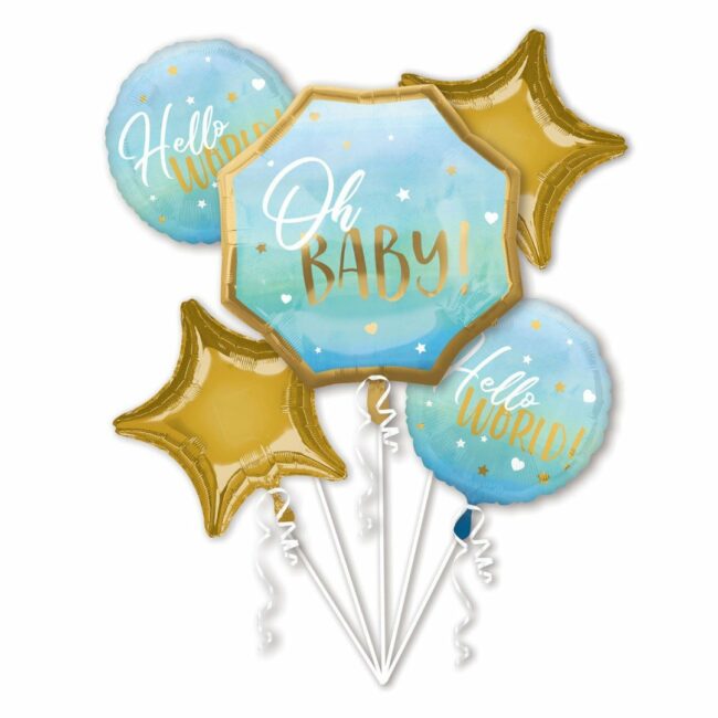 BOUQUET FOIL BALLOONS BABY BOY 'OH BABY/HELLO WORLD' BLUE