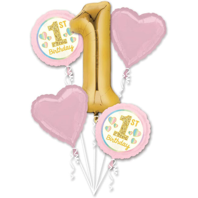 BOUQUET FOIL BALLOONS GIRL 1ST BIRTHDAY PINK & GOLD