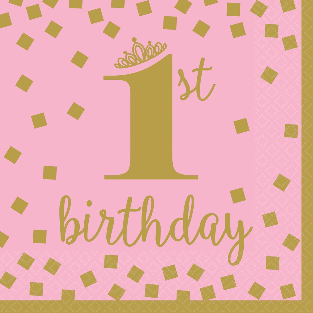 NAPKIN 1ST BIRTHDAY PINK & GOLD 33CM -16PCS