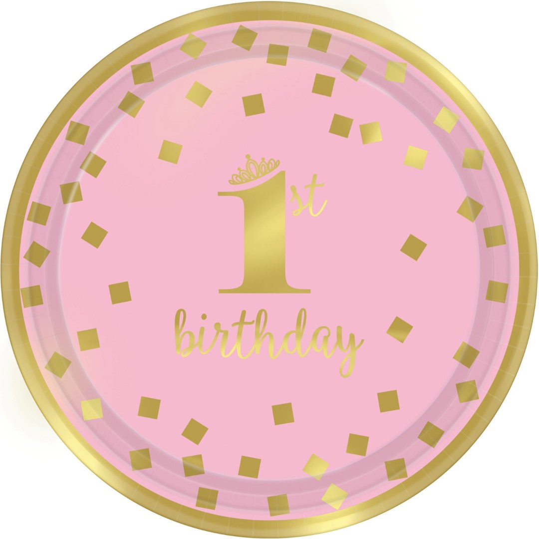 PLATES 1ST BIRTHDAY ROUND PINK & GOLD 17.7CM - 8PCS