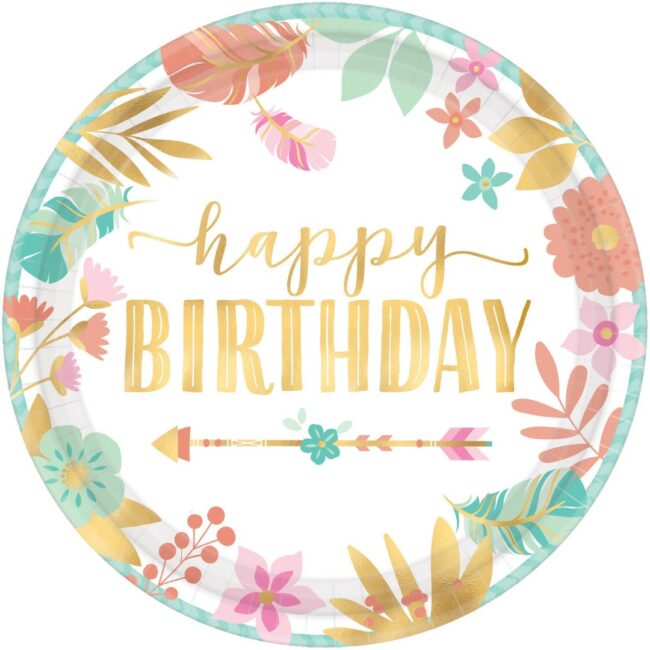 PLATES BOHO BIRTHDAY GIRL ROUND PAPER 17.7CM - 8PCS