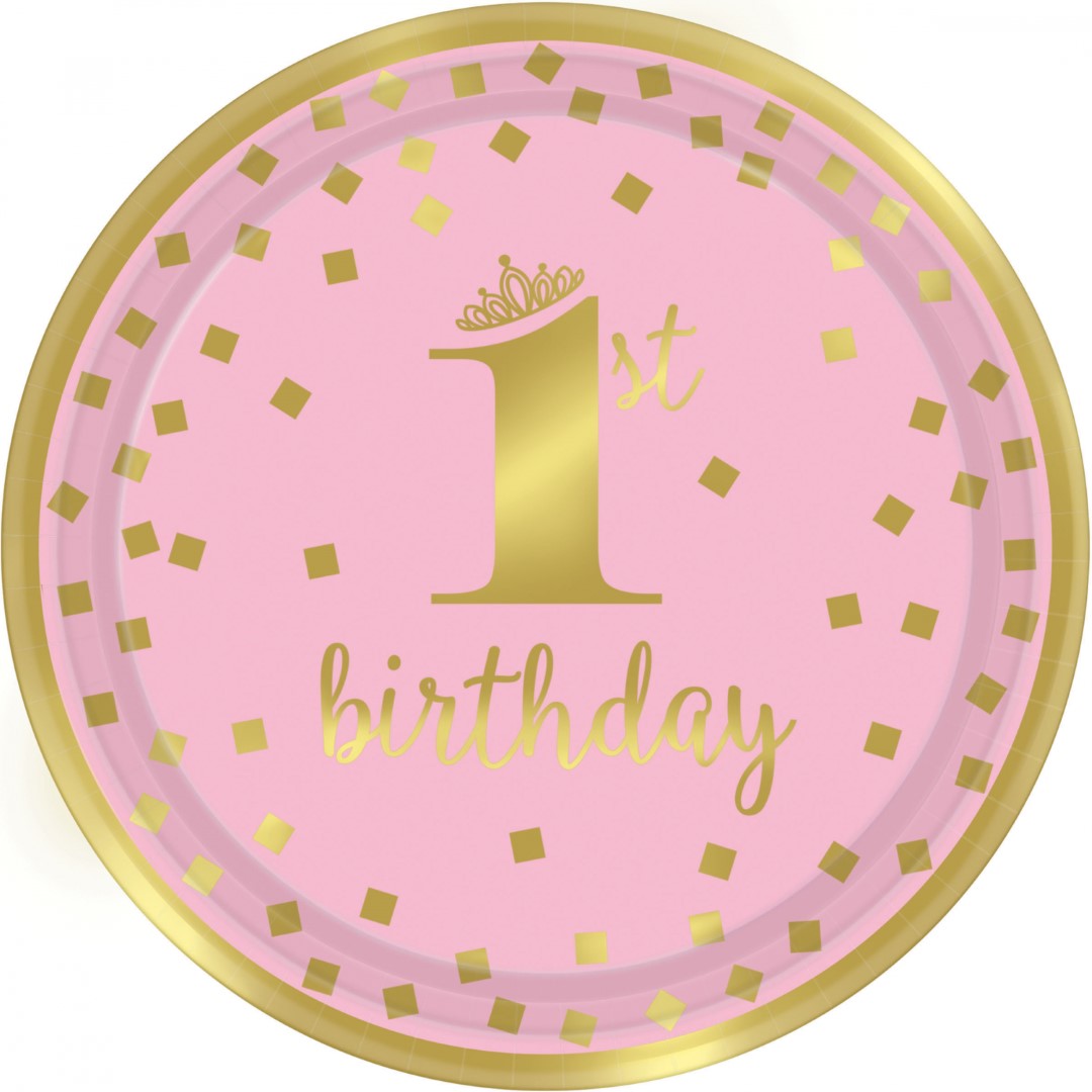 PLATES 1ST BIRTHDAY ROUND PINK & GOLD 22.8CM - 8PCS