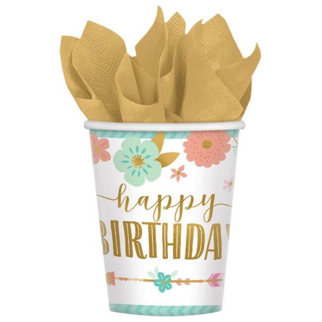 PAPER CUPS BOHO BIRTHDAY GIRL 266ML 8PCS