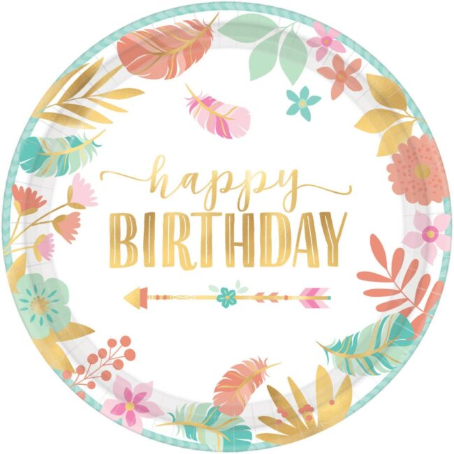 PLATES BOHO BIRTHDAY GIRL ROUND 26.7CM - 8PCS