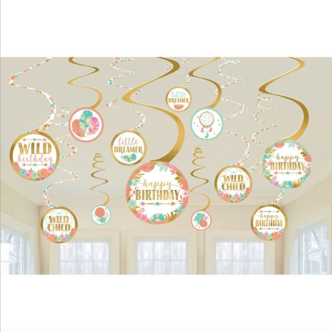SWIRL DECORATION BOHO BIRTHDAY GIRL FOIL / PAPER 61CM - 12PCS