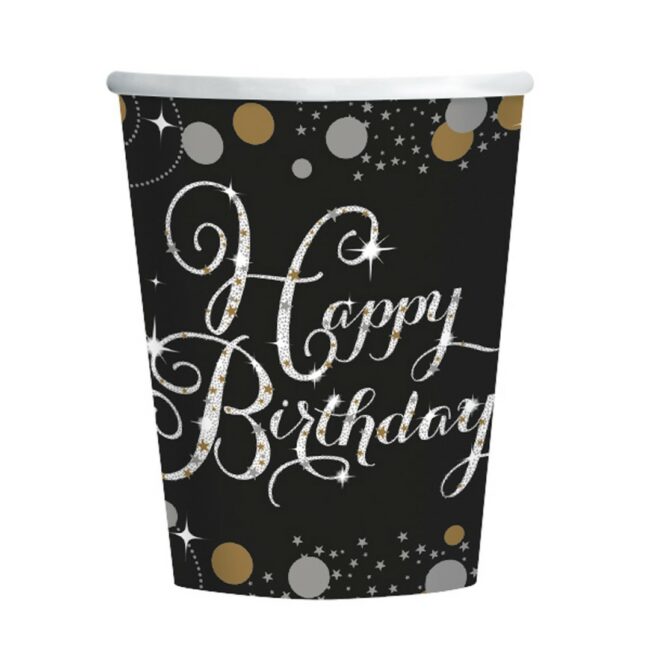 CUP HAPPY BIRTHDAY CELEBRATION PAPER GOLD 266ML - 8PCS