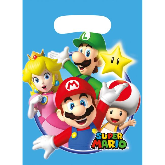 PARTY BAGS SUPER MARIO PLASTIC 23.4X16.2CM - 8PCS