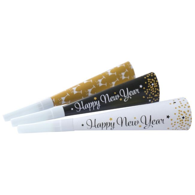 TRUMPETS HAPPY NEW YEAR PLASTIC / PAPER 22CM - 3PCS