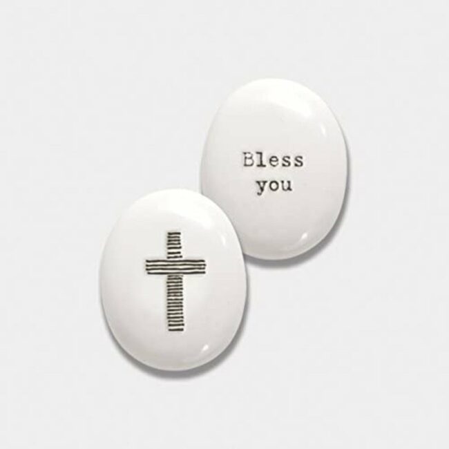 PORCELAIN PEBBLE CROSS ''BLESS YOU'' 2.5X3.2X1.5CM