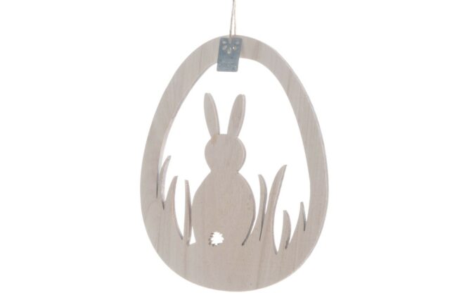 WOODEN EGG WITH RABBIT & ROPE 22X17X0.9CM