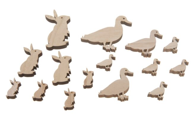 WOODEN RABBIT/DUCK NATURAL 16 PIECES - 2.5-7CM