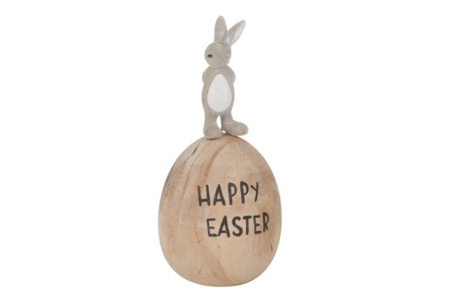 WOODEN EGG WITH BUNNY "HAPPY EASTER" NATURAL/GREY 5.7X13CM