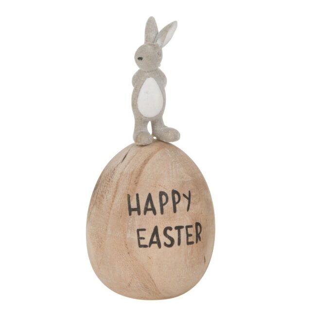 WOODEN EGG WITH BUNNY "HAPPY EASTER" NATURAL/GREY 5.7X13CM