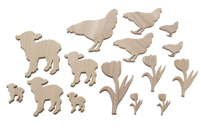 WOODEN HEN/ROSE/SHEEP 15 PIECES - 7.5-21CM