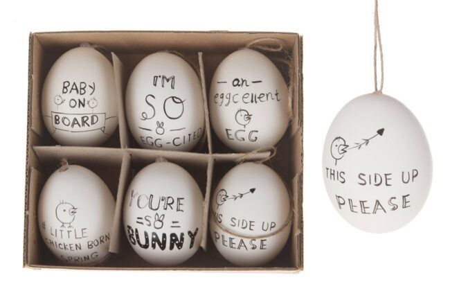 HENS EGGS WHITE WITH BLACK LETTERS 6PCS