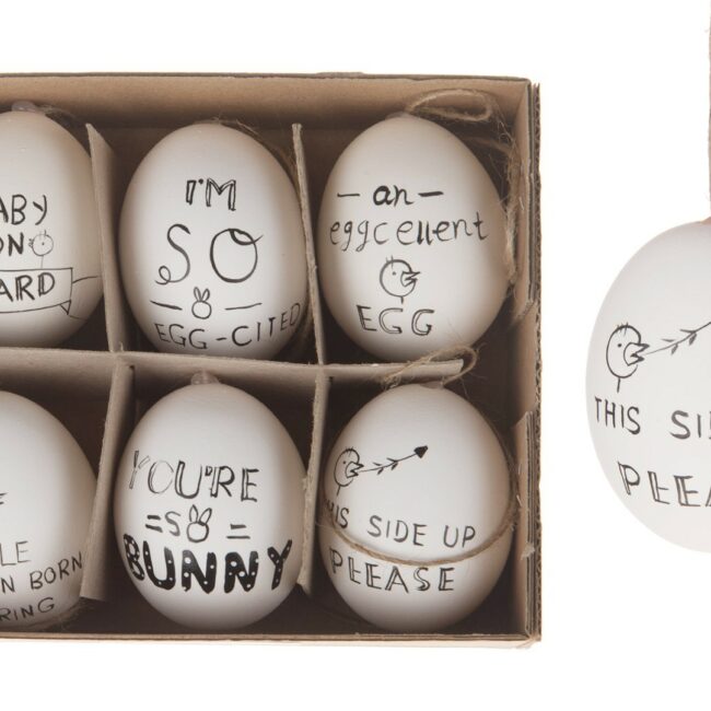 HENS EGGS WHITE WITH BLACK LETTERS 6PCS