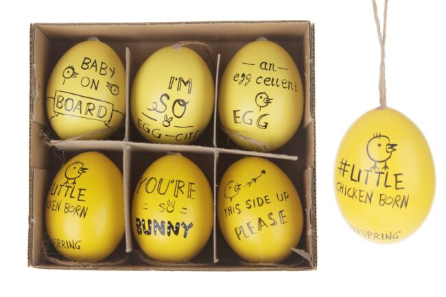 HEN'S EGGS YELLOW WITH BLACK LETTERS 6PCS
