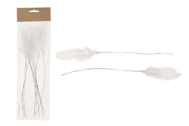 CHICKEN FEATHERS ON IRON WIRE WHITE 12 PIECES - 18CM
