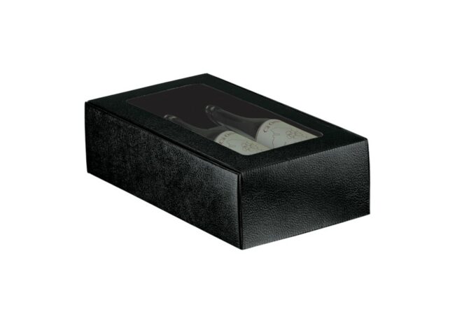 CANTINETTA 2 BOTTIGLIE CON FINESTRA PELLE NERO 340X185X90MM