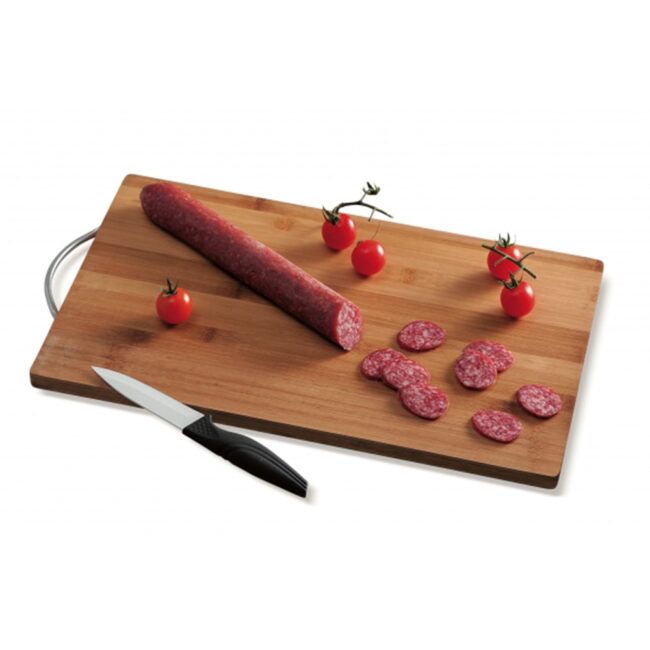 BAMBOO CUTTING BOARD METAL HANDLE 43X25.5X1.5CM