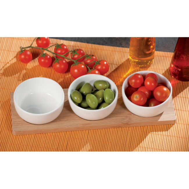 SET 3 PORCELAINE BOWLS 8.5X4CM & BAMBOO TRAY 28X9.5CM