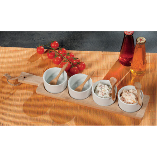 SET 4 BOWLS PORCELANE & BAMBOO TRAY 40X9CM