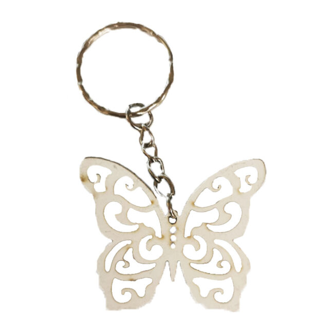 KEYRING BUTTERFLY CARVED WOODEN WHITE
