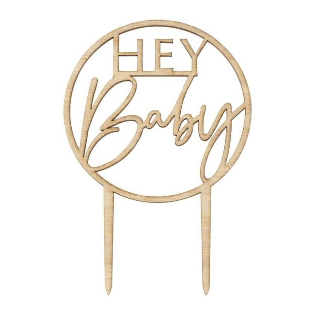 CAKE TOPPER WOODEN "HEY BABY" 10X20CM