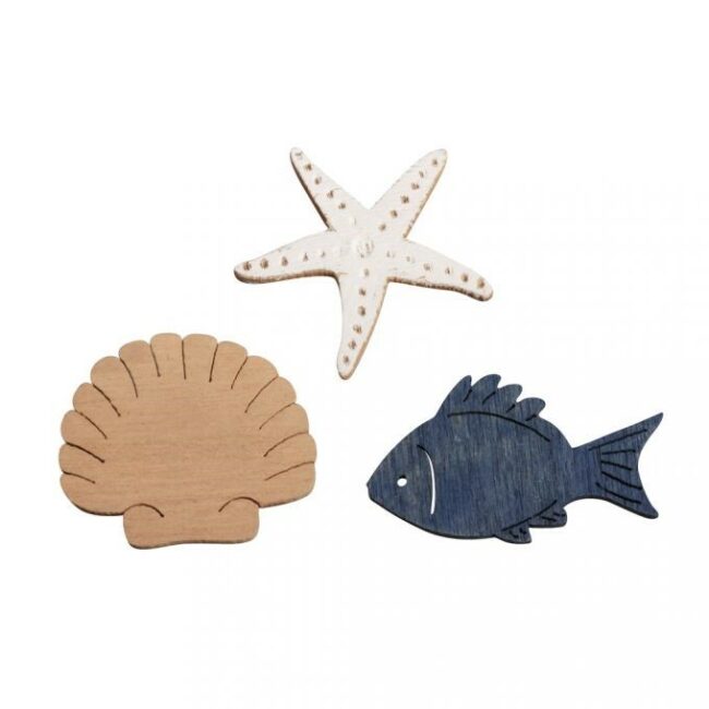 WOODEN OBJECTS FISH/SHELL/STARFISH ASSORTED 3-3.5CM -18PCS