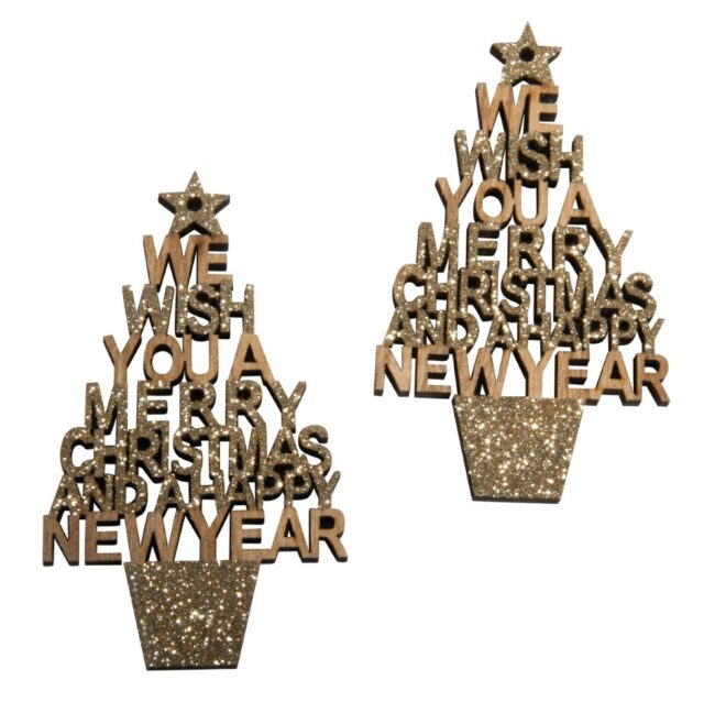 SMALL WOODEN OBJECT TREE "MERRY CHRISTMAS" 5X8.6CM 2PCS